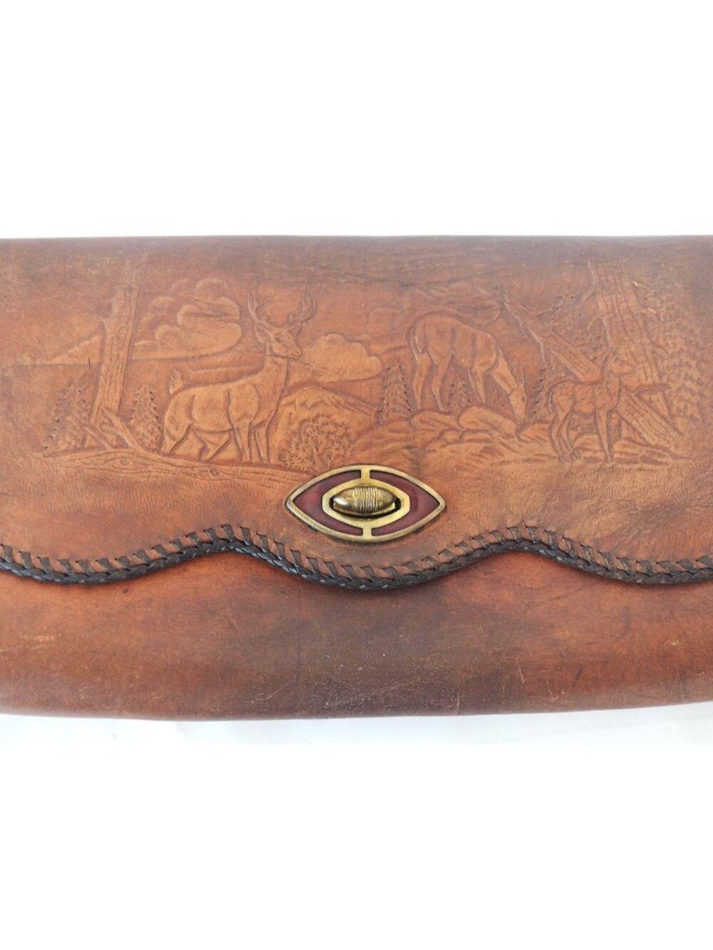 Vintage Hand Tooled Brown Leather Clutch Brass Deer Bakelite